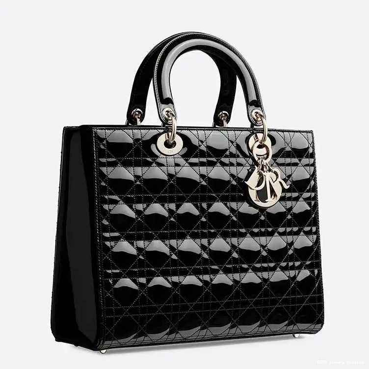 Cheap Large Lady Cannage Patent Calfskin Black Gold Bag Dior 0421 Luxury